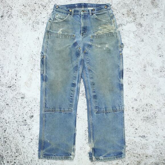 THRASHED Vintage KEY Faded Blue Jeans Denim Double Knee Carpenter Pant 30.5x29.5